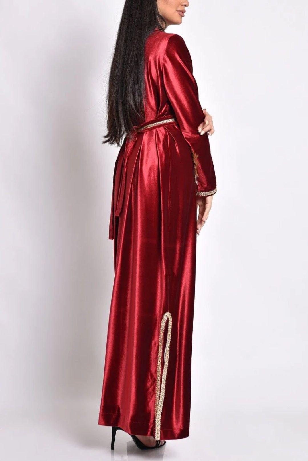 Maroon velvet kaftan with handmade beads,feather embroidery