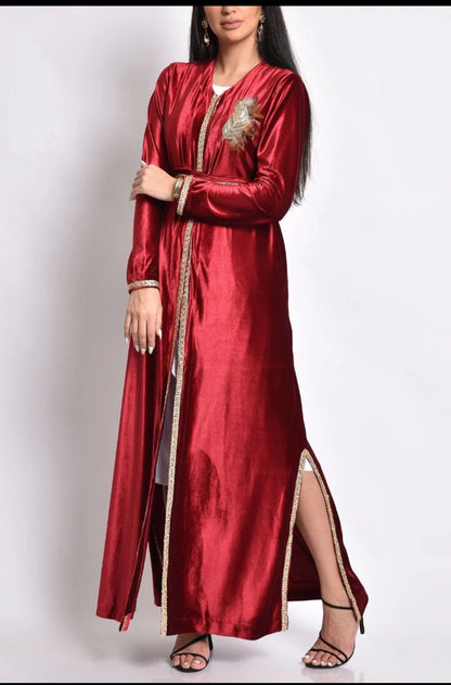 Maroon velvet kaftan with handmade beads,feather embroidery