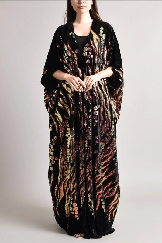 Black velvet sequence embroidery bisht abaya