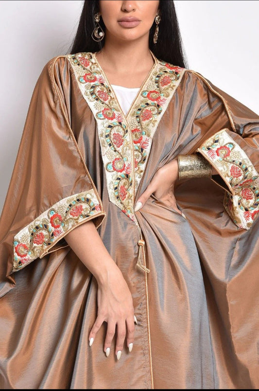 Camel taftta abaya with handmade embroidery