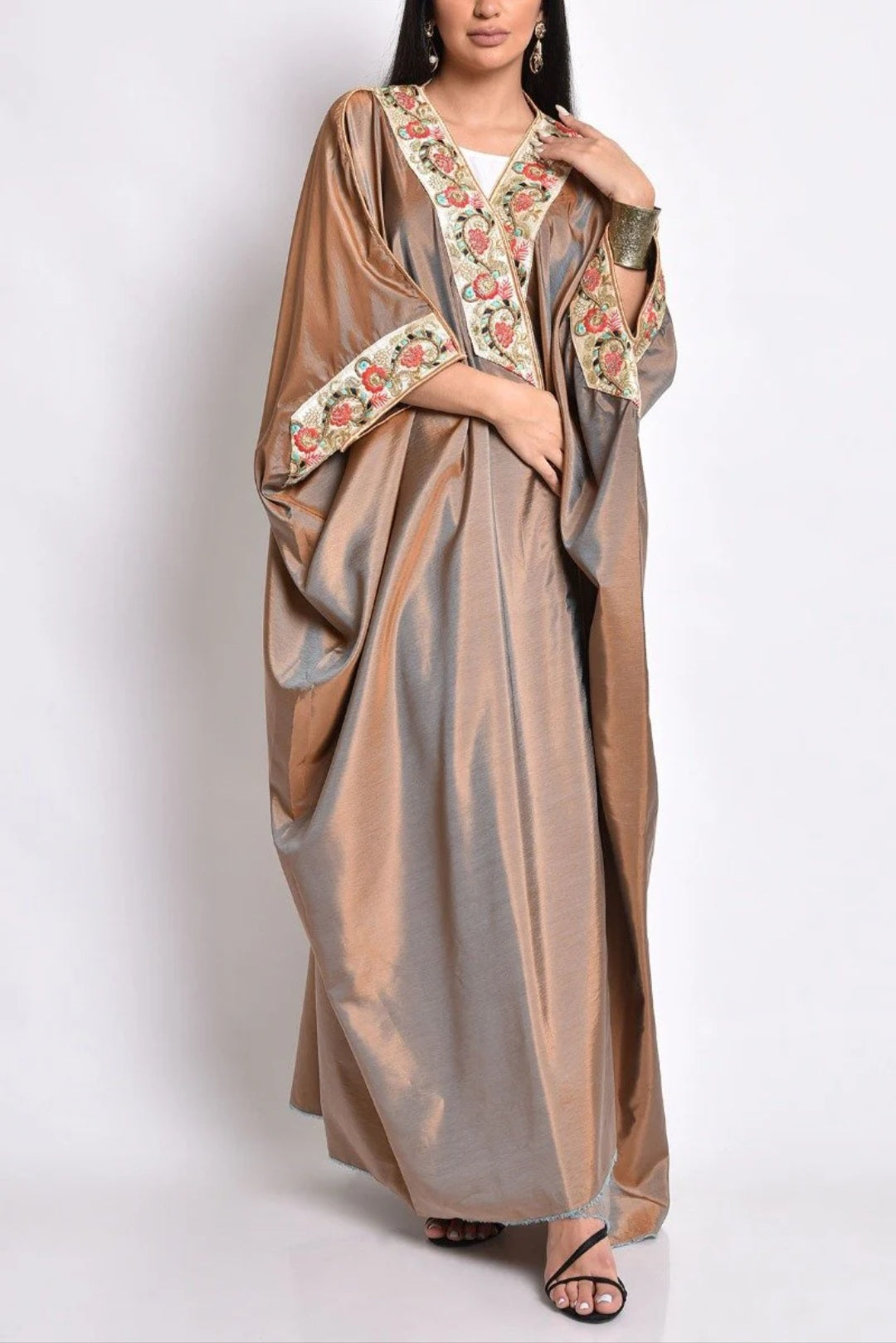 Camel taftta abaya with handmade embroidery