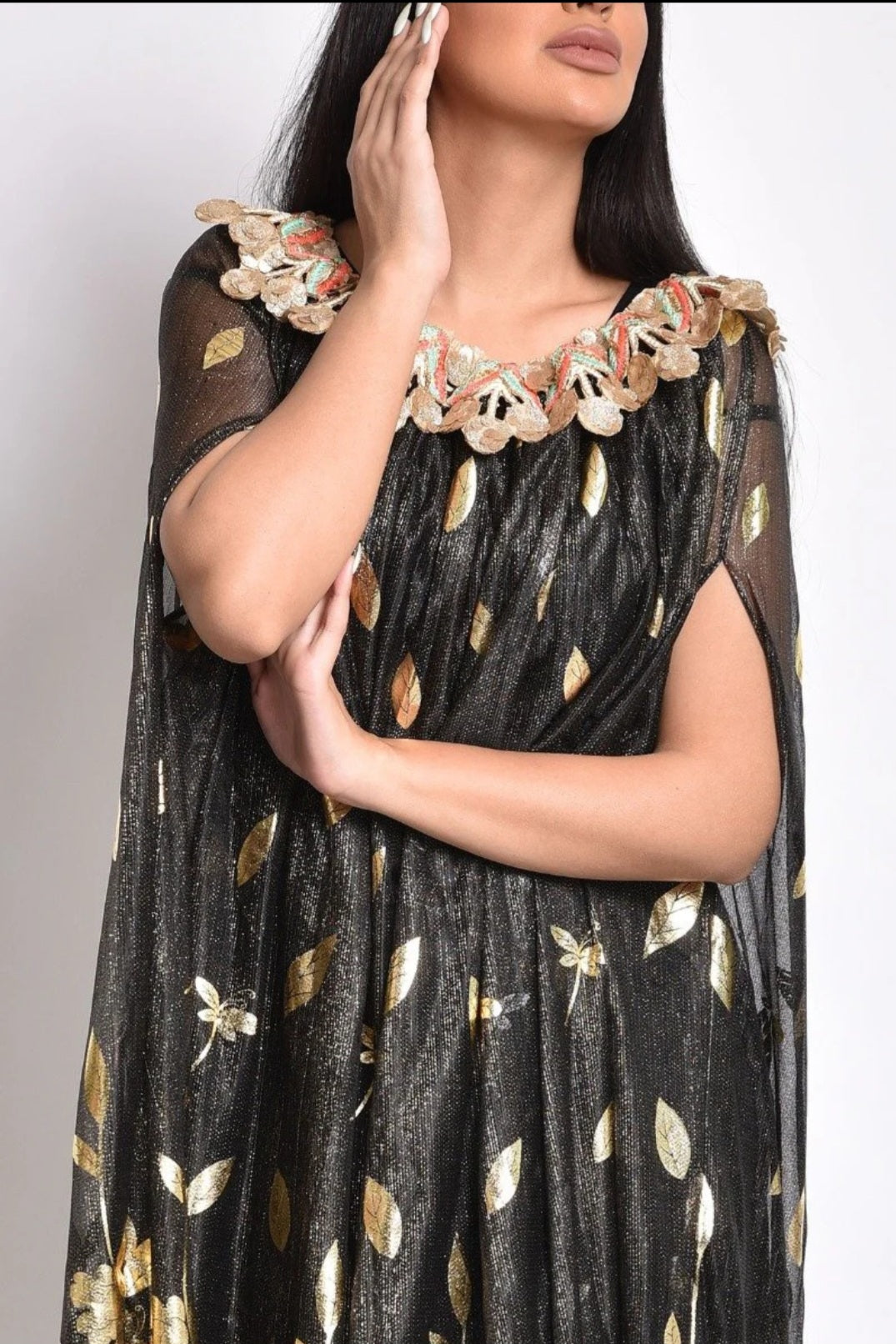 Black silk tulle kaftan dress with gold prints and handmade embroidery