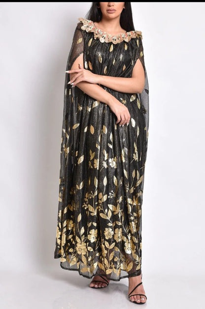 Black silk tulle kaftan dress with gold prints and handmade embroidery