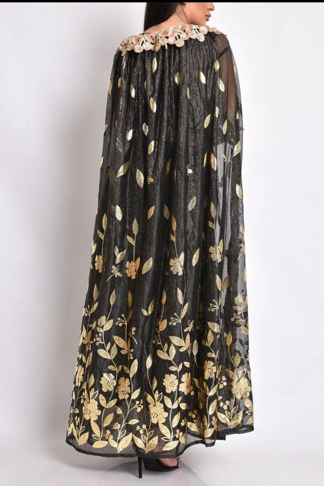 Black silk tulle kaftan dress with gold prints and handmade embroidery