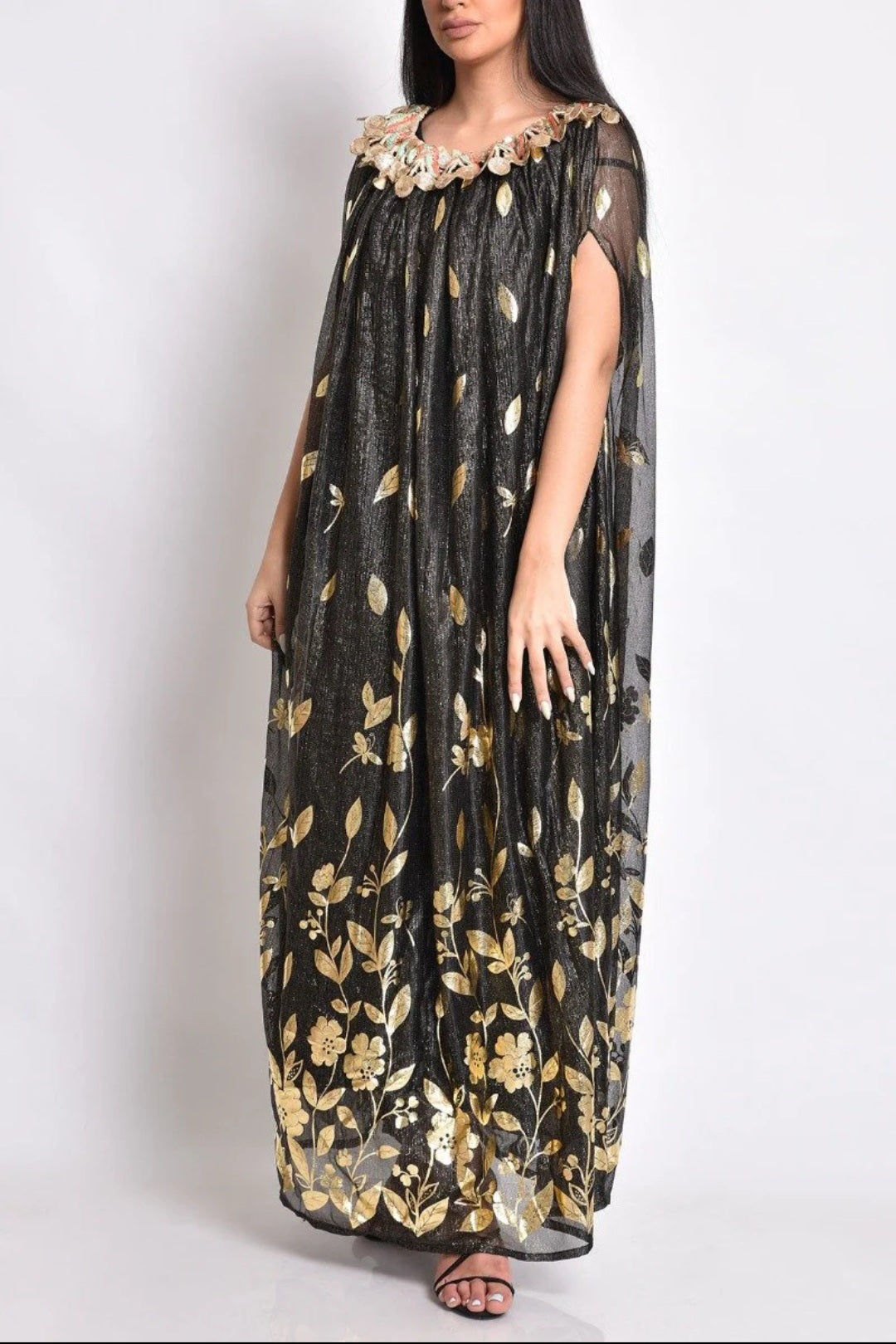 Black silk tulle kaftan dress with gold prints and handmade embroidery