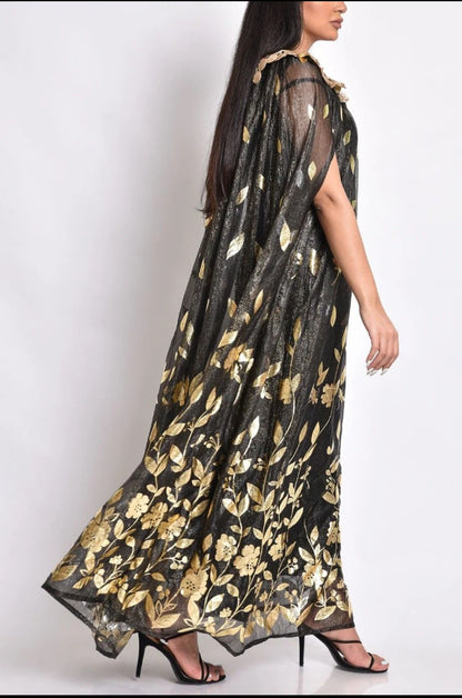 Black silk tulle kaftan dress with gold prints and handmade embroidery