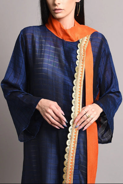 Dark blue silk kaftan with orange bow