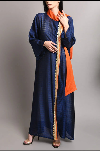 Dark blue silk kaftan with orange bow