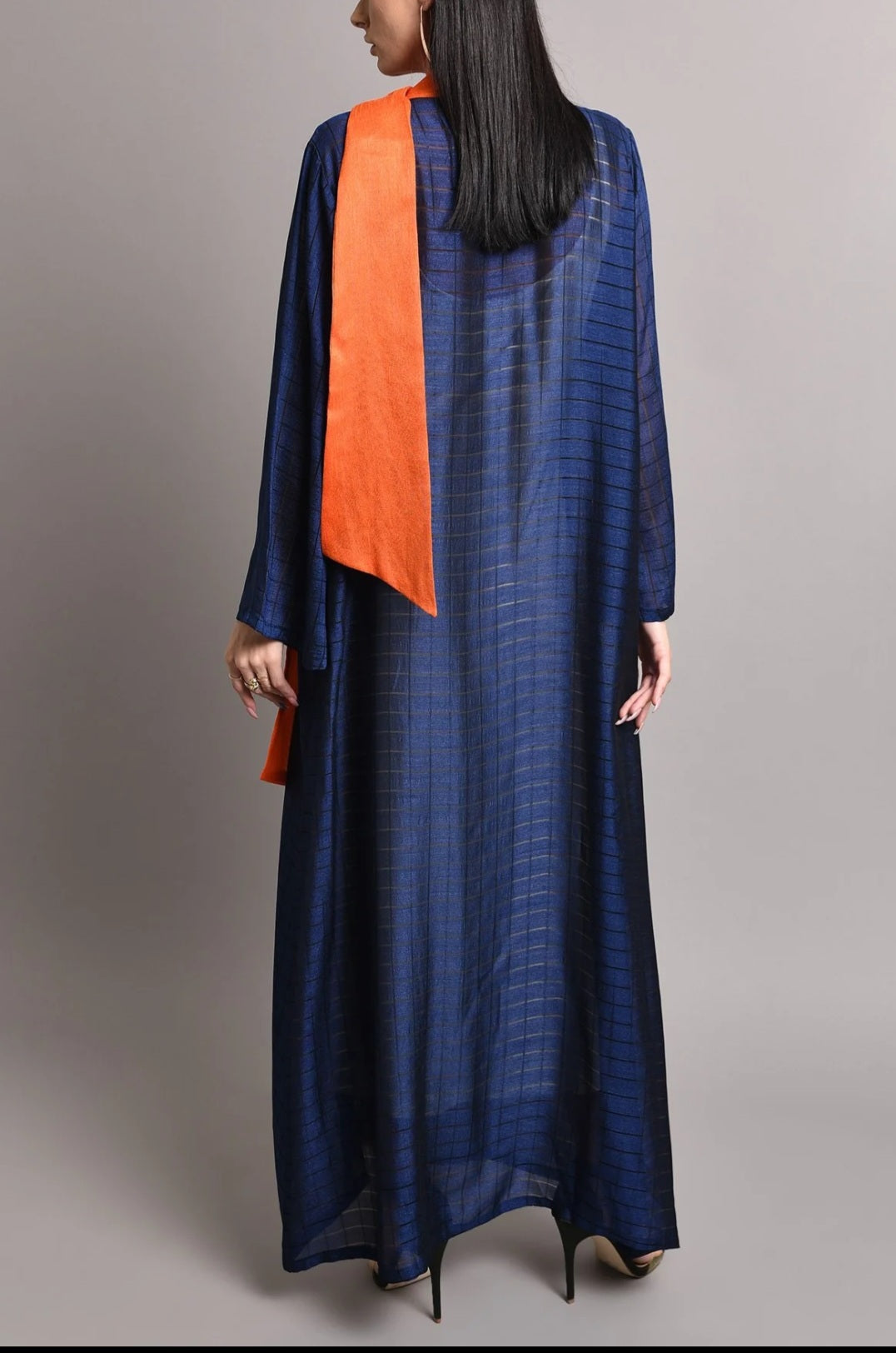 Dark blue silk kaftan with orange bow