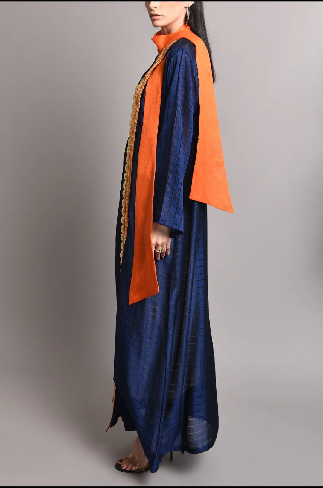 Dark blue silk kaftan with orange bow