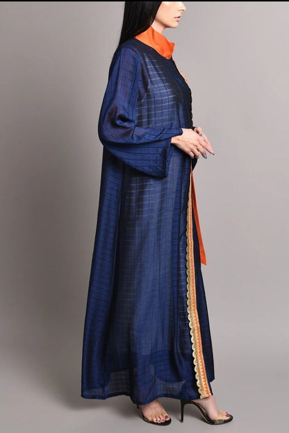 Dark blue silk kaftan with orange bow