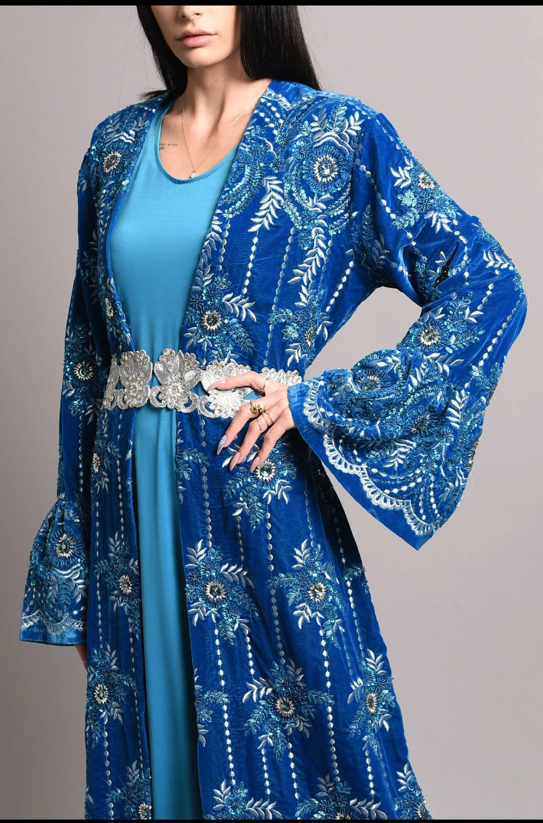 Turquoise velvet handmade embroidery kaftan