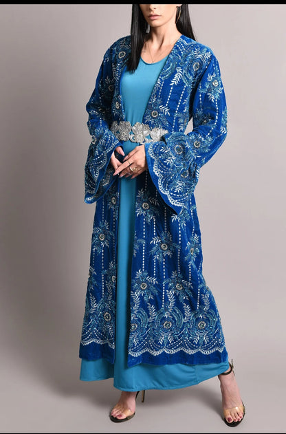 Turquoise velvet handmade embroidery kaftan