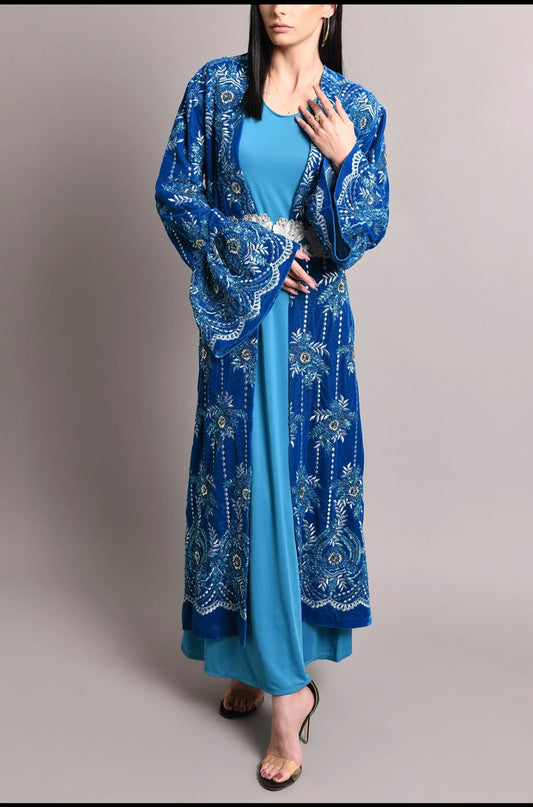 Turquoise velvet handmade embroidery kaftan