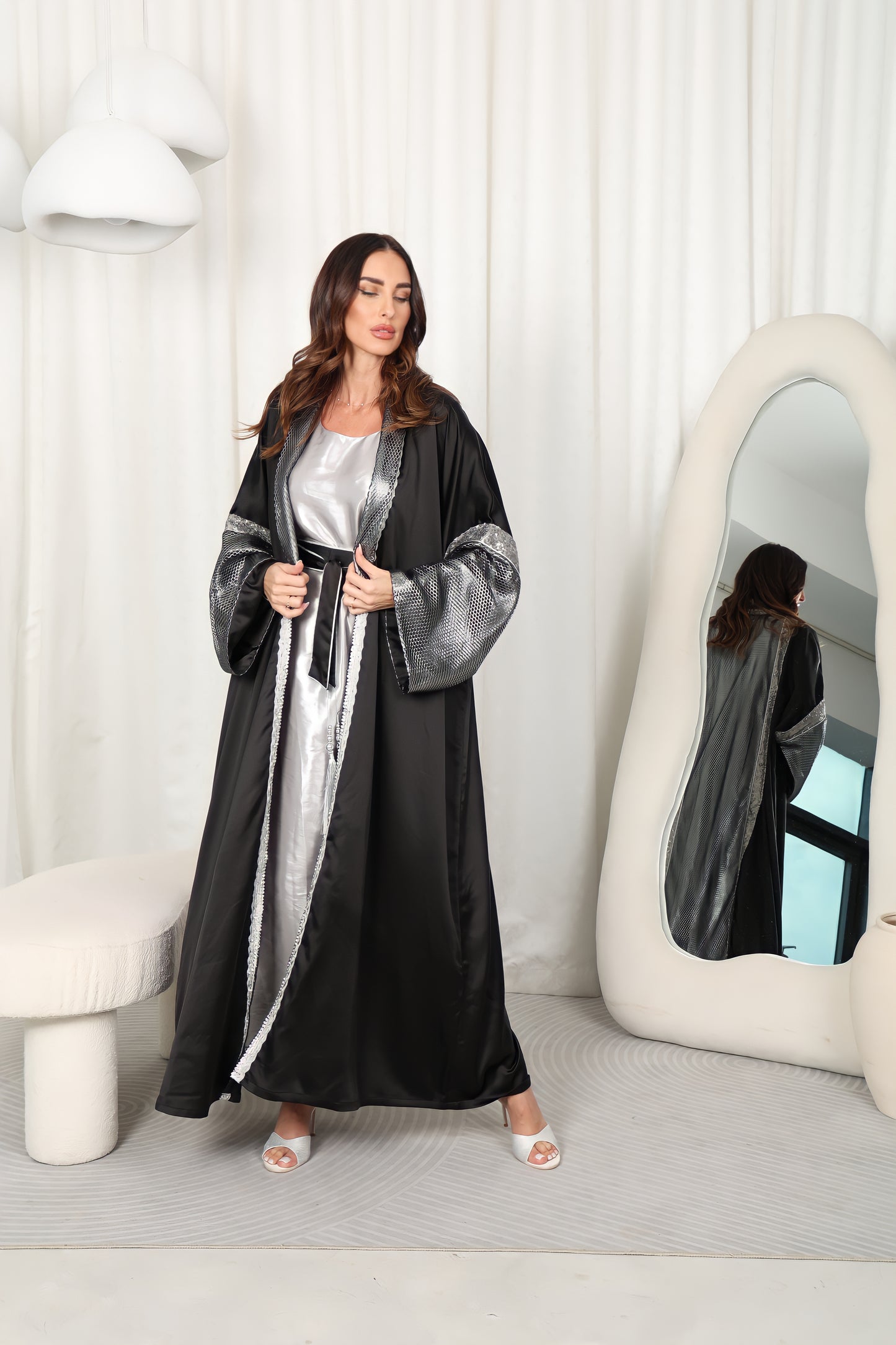 Black satin Abaya with metalic net and silver sequence