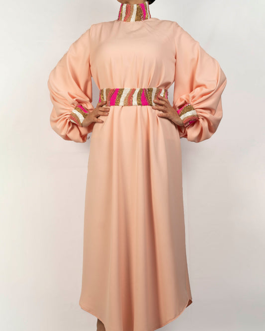 Peach caftan Dress with beads collar, cuff, and Belt