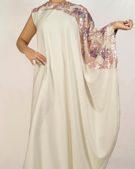 Off-white crepe caftan Dress with an embroidered sequence sleeve