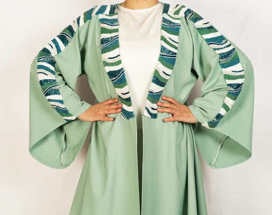 Off-white crepe caftan Dress with an embroidered sequence sleeve