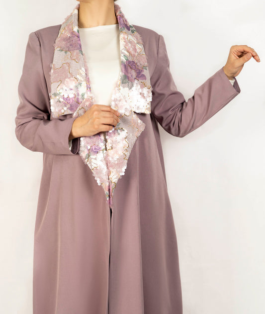 Lavender crepe coat abaya with sequence collar