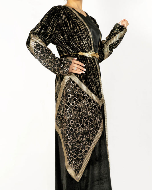 Black velvet abaya designed with multi fabrics and sequence