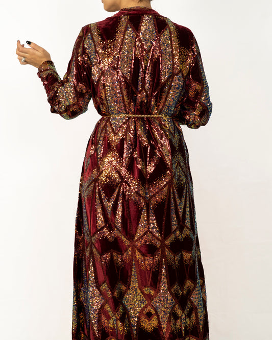 Russet colour base, velvet caftan covered with designed sequence