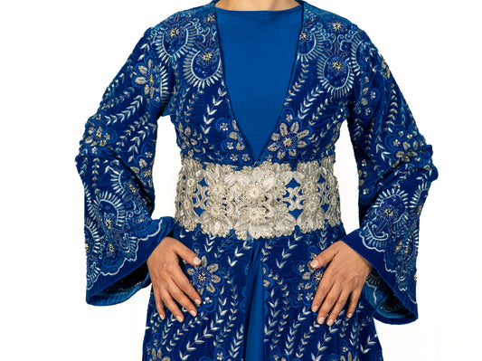 Indigo blue velvet caftan, hand made embroidery