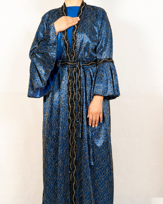 Indigo silk embroidered caftan