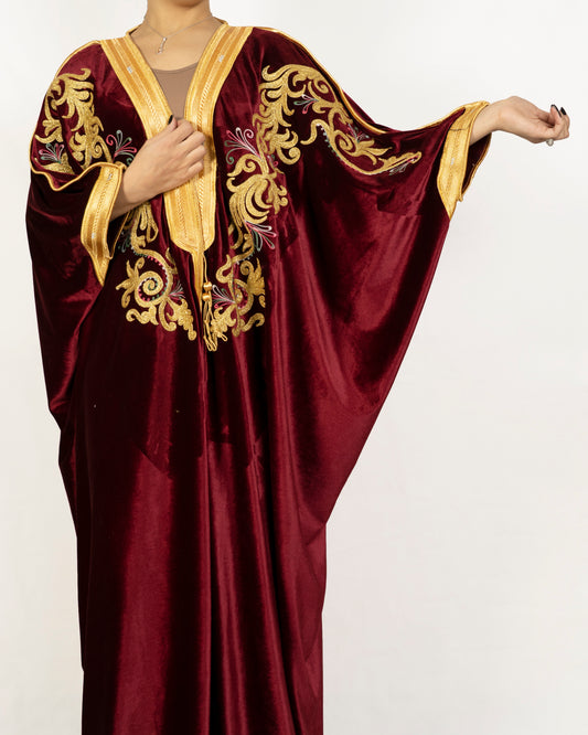 Dark red (russet) velvet bisht ,handmade embroidered