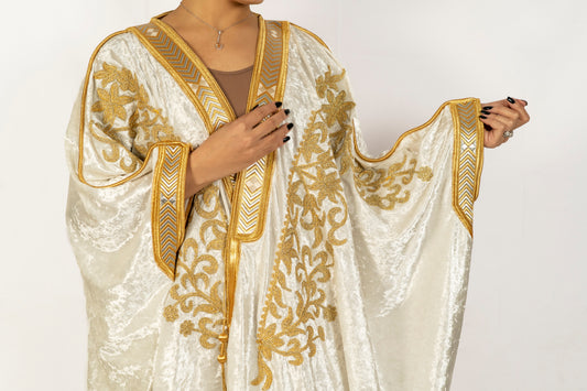 Off-white velvet handmade embroidered bisht