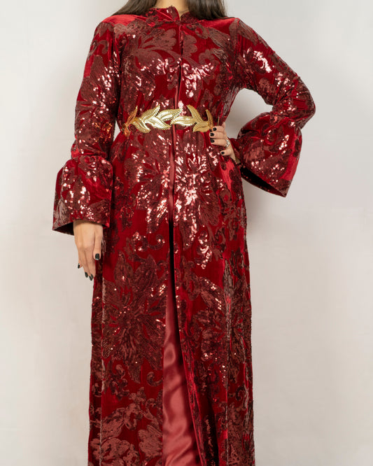 Dark Red sequence embroidered kaftan