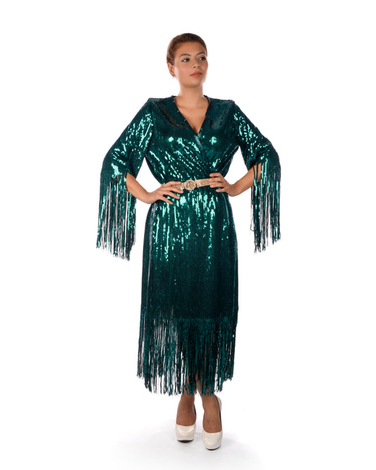 Deep teal green sequins kaftan dress with fringe