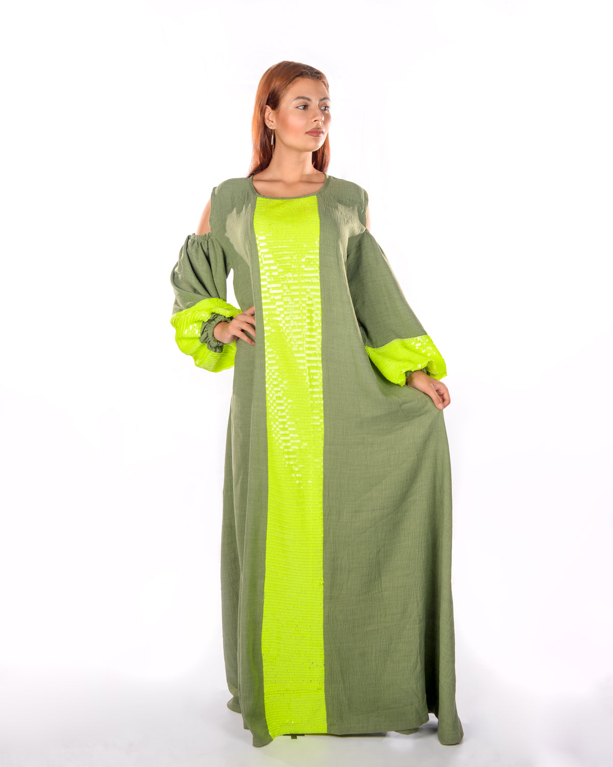 Olive green embroidered kaftan dress