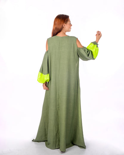 Olive green embroidered kaftan dress