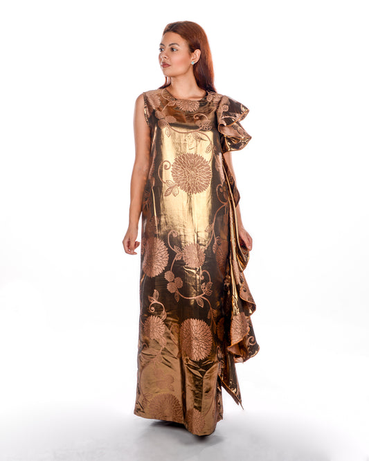 Metalic bronze kaftan dress with ruffles